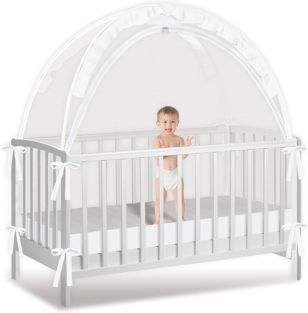 Crib Tent to Keep Baby from Climbing Out - Mesh Climbing Prevention, Pop Up Tent with Two-Way Self-Locking Metal Zipper (White, Lager)