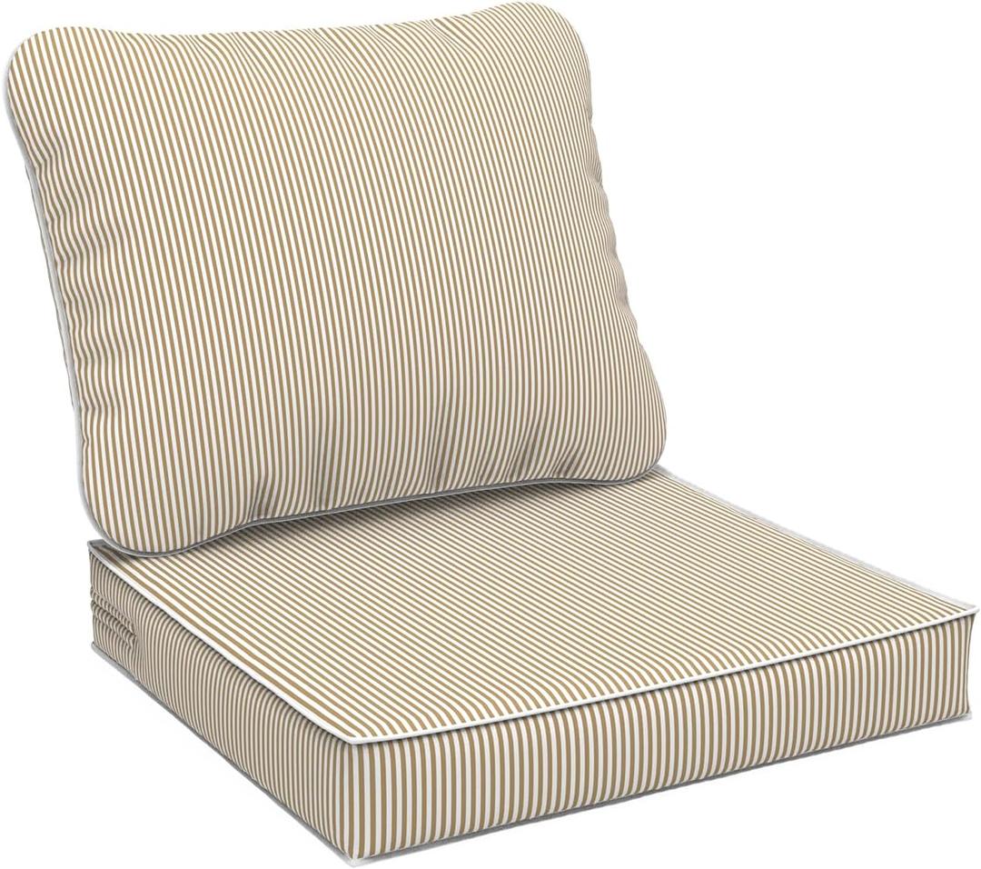 Outdoor Deep Seat Cushions Set 24 x 24 Inch for Patio Furniture,Water Resistant Chair Cushions Replacement Includes Seat Cushion & Back Pillow for Couch Sofa, Wicker Chair - Stripe Beige