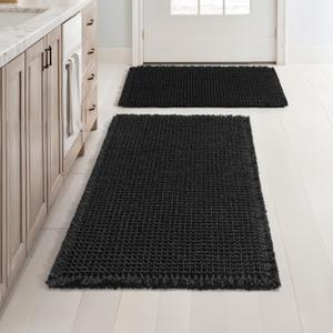 MIULEE Set of 2 Waffle Bathroom Rugs, Boho Bath Rugs Non Slip Washable, Super Absorbent Bath Mats, Ultra Soft Rubber Backed Shower Mats for Bathroom Floor, Tub, Black, 17"x24"+18"x30"