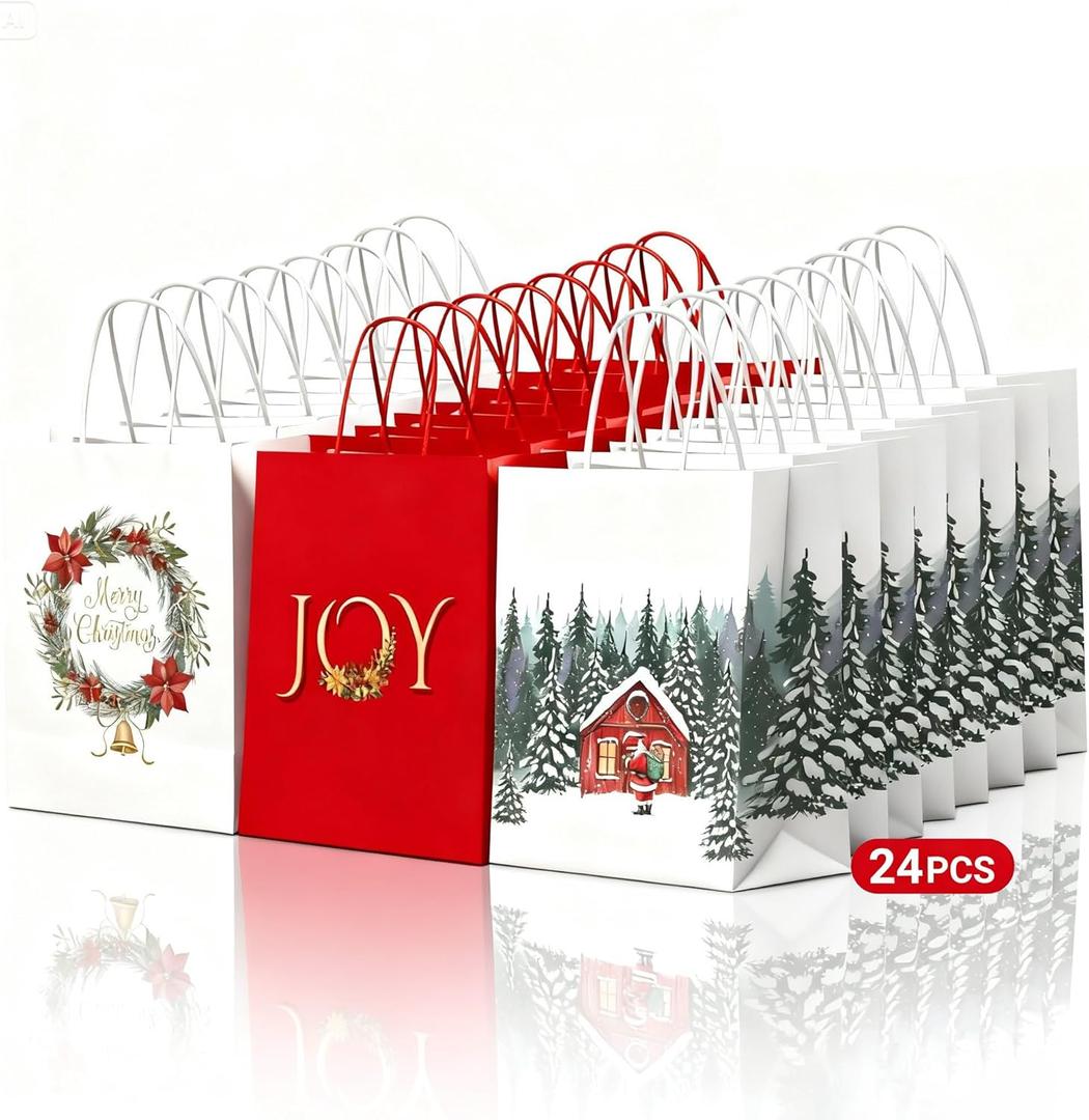 KAOTPO Christmas Gift Bags with Handles - 24 Large Bulk Kraft Gift Bag for Xmas Presents Holiday Party Favors and Decor Supplies - 3 Designs(13"x10.4"x5.7")