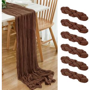 6 Pack Brown 10 Ft Cheesecloth Table Runner 20x120 Inch Boho Wrinkled Sheer Romantic Gauze Decor for Wedding, Bridal Shower, Birthday Party