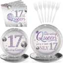 Grencian 96 Pcs Dancing Queen 17th Birthday Party Supplies Dancing Queen 17th Paper Plates and Napkins Disposable Silver Disco Party Tableware Set for Girls 17 Year Old Birthday Decorations Serves 24