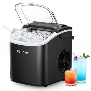 EUHOMY Countertop Ice Maker Machine with Handle, 26.5lbs Per Day, 9 Ice Cubes Ready in 6 Mins, Auto-Cleaning Portable Ice Maker with Basket and Scoop, for Home/Kitchen/Camping/RV (Black)
