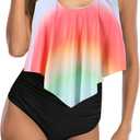 Women High Waisted Bikini Swimsuit Plus Size Flounce Top Vintage Tummy Control Bottom Two Piece Tankini Bathing Suits