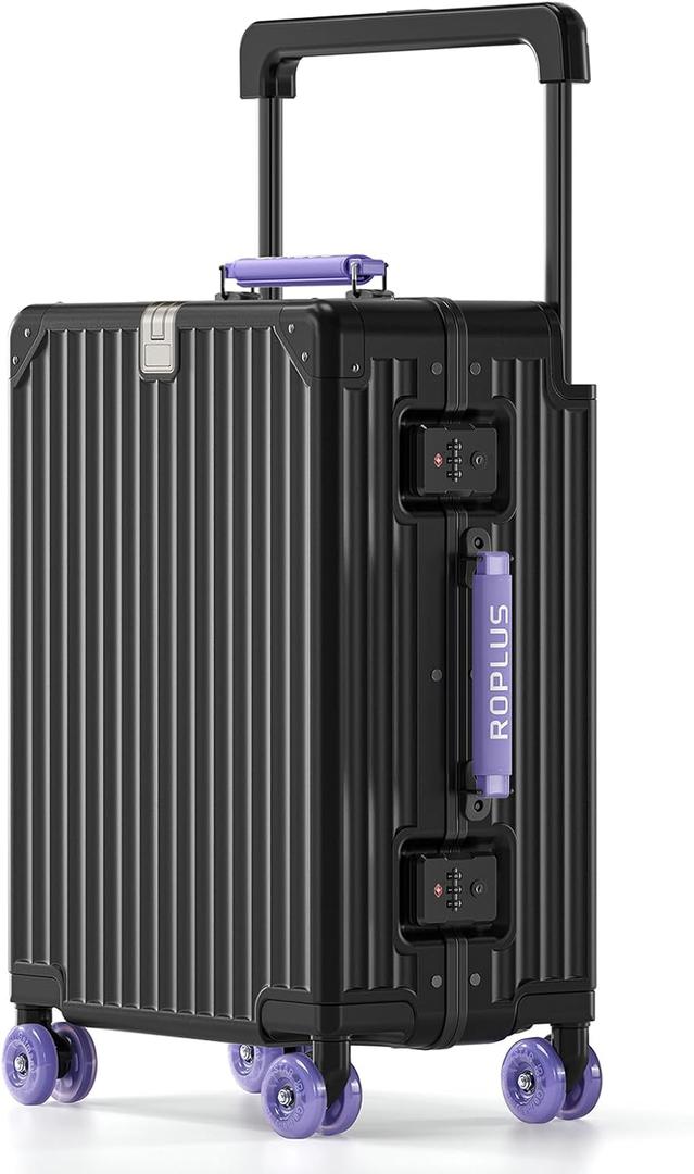 ROPLUS Aluminium Frame Carry on Luggage with Smooth Jelly Wheels, Hardside Zipperless Rolling Suitcase with TSA Lock (BlackPurple, 21-Inch)