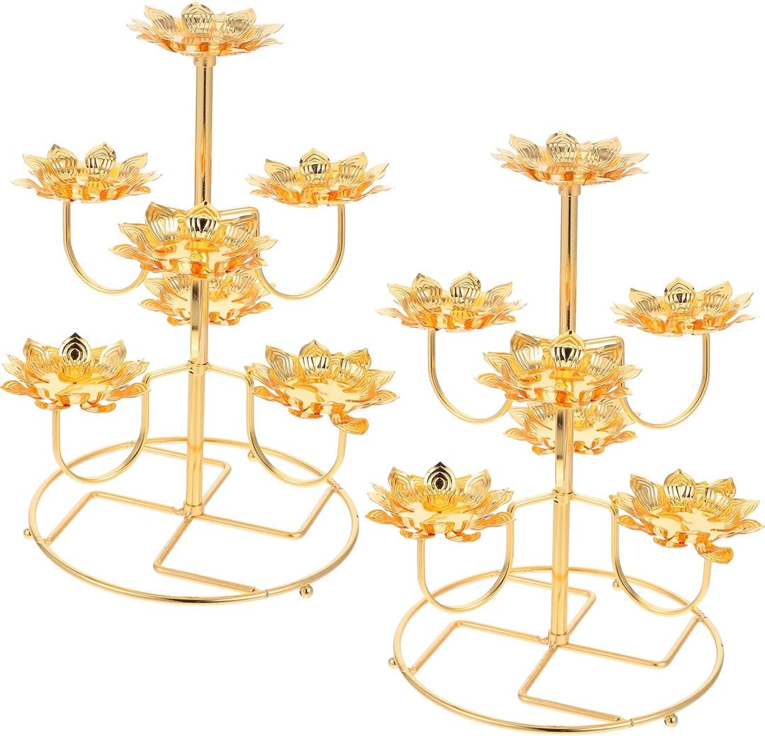 Totority Vintage Lotus Butter Lamp Base 2pcs Stainless Steel Buddha Candle Holders, Candle Holders for Home Decor, 9.05 * 6.88 * 6.88inch