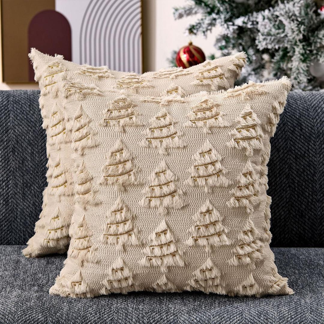 Christmas Pillow Covers 18x18 inch Set of 2 Soft Plush Faux Fur Christmas Decoration Beige Xmas Tree Yellow Colored Lights Decor Pattern Throw Pillow Case for Sofa Holiday Festivals Winter Home Decor