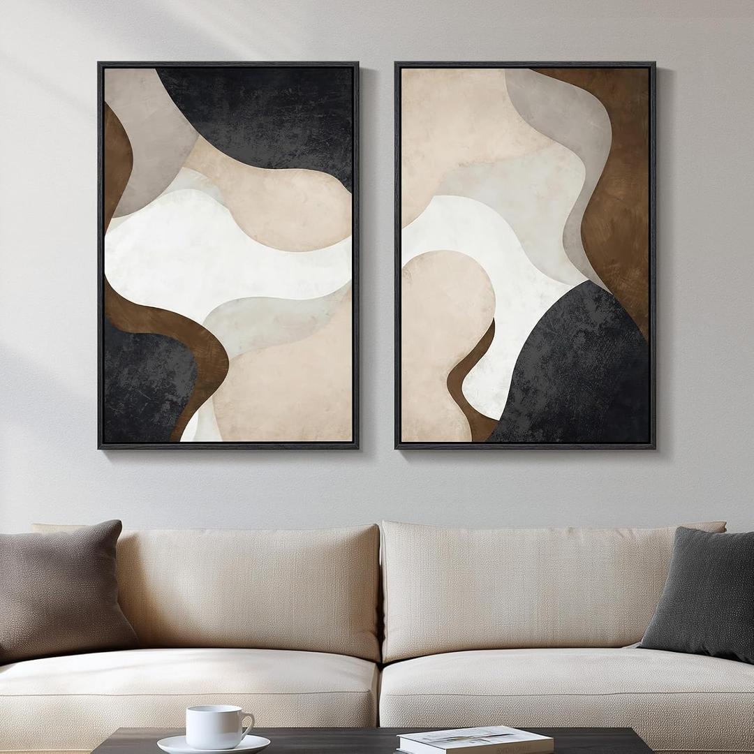 Framed Neutral Abstract Minimalist Wall Art, 2 Piece Large Modern Canvas Prints Paintings Artwork for Walls, Black Beige Brown Abstract Art Pictures for Living Room Dining Bedroom Wall Decor 20x30 In, 20" W x 30" H x 2Pcs
