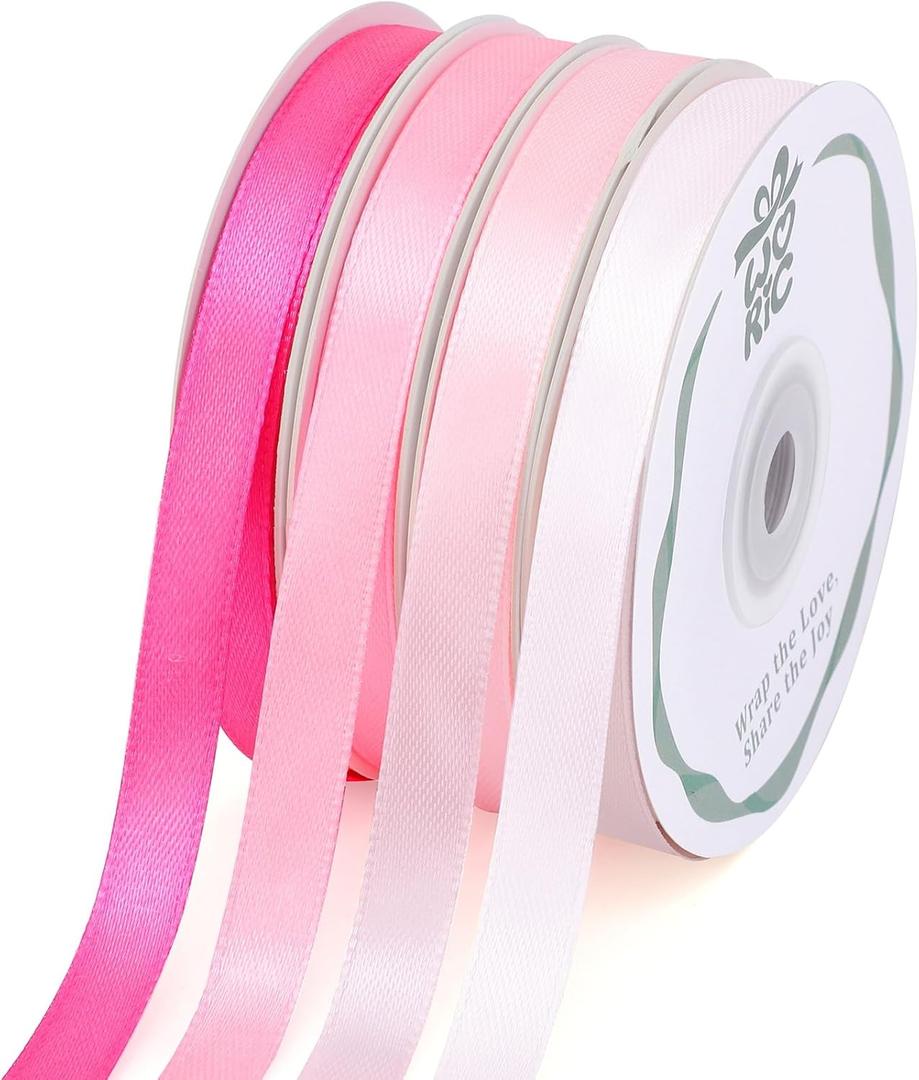 woric 120 Yards Pink Ribbon 3/8 Inch x 4 Rolls, 30 Yd/Roll Craft Thin Satin Ribbon for Graduation Leis Gift Wrapping Hair Bows Baby Bridal Shower Wedding Decor