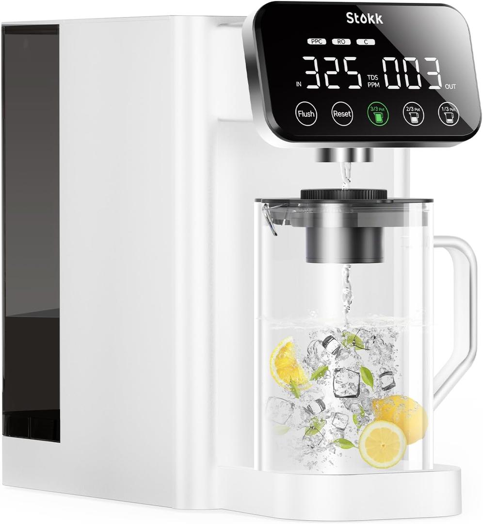 Stokk E1 Reverse Osmosis Water Filter Countertop, 5 Stage RO Water Filter System with Remineralization Glass Pitcher, NSF/ANSI 58&372, Portable No Installation Water Purifier for Home Office (White)