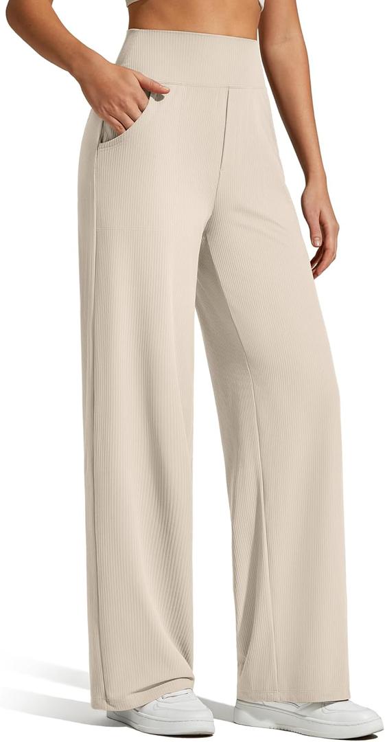 G4Free Women's Ribbed Knit Wide Leg Pants with Pockets Lightweight Stretchy Yoga Pants Casual Lounge (XL)