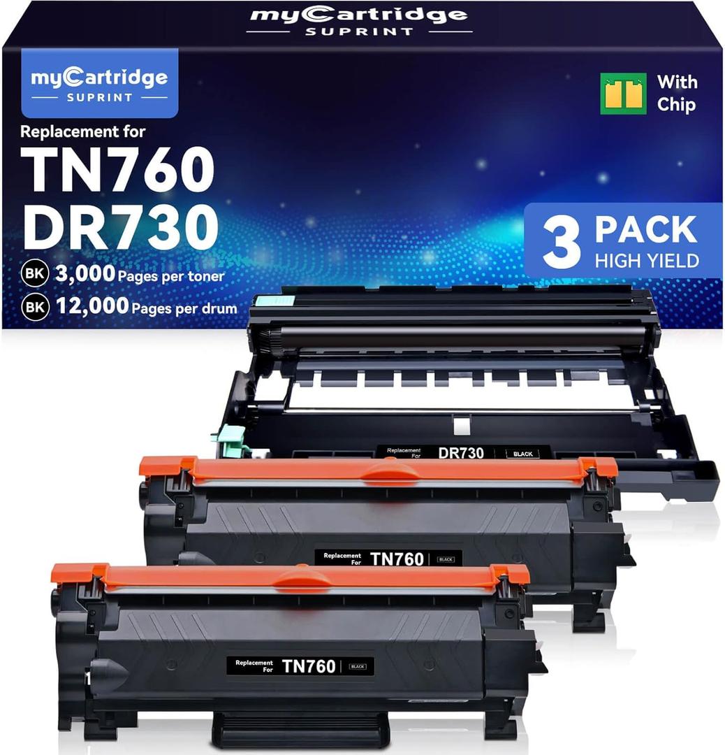 Compatible TN760 Toner Cartridge and DR730 Drum Unit Replacement for Brother TN 760 TN-760 TN730 DR-730 to use with MFC-L2710DW MFC-L2750DW HL-L2370DW Printer (2 Toners 1 Drum, 3 Pack)