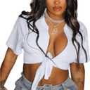 LovelyWholesale Graphic Crop Tops for Women Sexy Tie Front Top Summer Short Sleeve V Neck T Shirt (White, L)