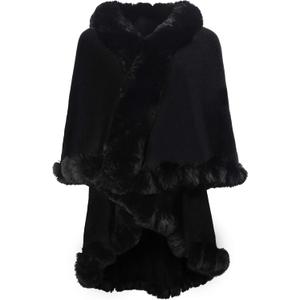 ZLYC Women Fine Knit Open Front Faux Fur Trim Layers Poncho Cape Cardigan Sweater (One Size, Plain Black)