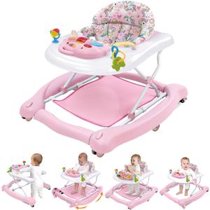 Foldable Baby 5-in-1 Activity Walker - Rocker, Activity Center, Bouncer, Seat Walker, Push Walker - Adjustable Speed Rear Wheels and Height Toys Ages 6-18 Months(Pink)