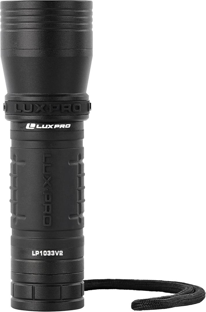 LUXPRO Zoom Focus 390 Lumen LED Handheld Flashlight - Features Patented TackGrip and Aircraft-Grade Aluminum - Pocket-Sized Camping Accessories with Wrist Lanyard - Batteries Included