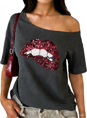 Women's Off Shoulder Tops Sequin Y2k Tops 2026 Spring Tshirts Skeleton Graphic Tees 80s 90s Outfits Going Out Clothes, XL, Grey 