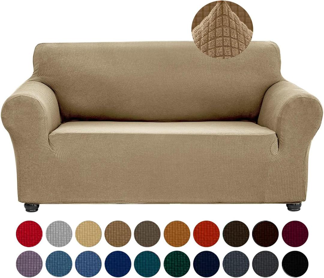 Joccun Stretch Loveseat Couch Cover Slipcover, 1-Piece Sofa Cover for 2 Cushion Couch Spandex Jacquard Washable Furniture Protector Cover for Living Room,Kids,PetsLoveseat,Tan (Medium55"-78"))