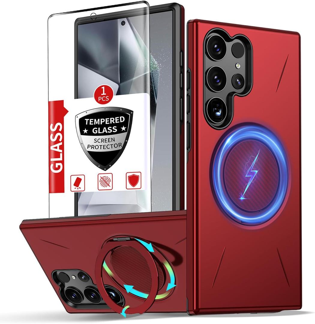for Samsung Galaxy S24 Ultra Case with 360Rotatable Invisible Magnetic Stand Ring[Compatible with MagSafe] [1*Screen Protector] for S24 Ultra Phone Case Military-Grade Shockproof Slim Red