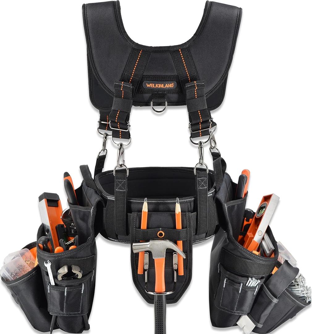 WELKINLAND 39Pockets Tool belts for Men with Suspenders, Roof Tool Belt, One Size