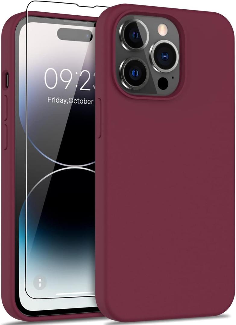 DEENAKIN Compatible with iPhone 14 Pro Case with Screen Protector,Soft Liquid Silicone Gel Rubber Bumper Cover for Women Girls,Slim Fit Shockproof Protective Phone Shell 6.1" Burgundy