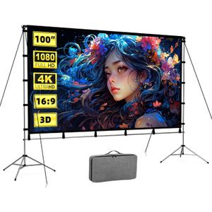 Outdoor Projector Screen with Stand 100 Inch, Vamvo Portable Projector Screen Indoor Outdoor with Carry Bag, 16:9 4K HD Movie Screen for Home Backyard Theater
