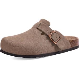 KIDMI Unisex Vegan Suede Clogs Leather Mules Womens Mens Cork Footbed Potato Shoes with Arch Support, Vegan Suede Mocha, Size 44