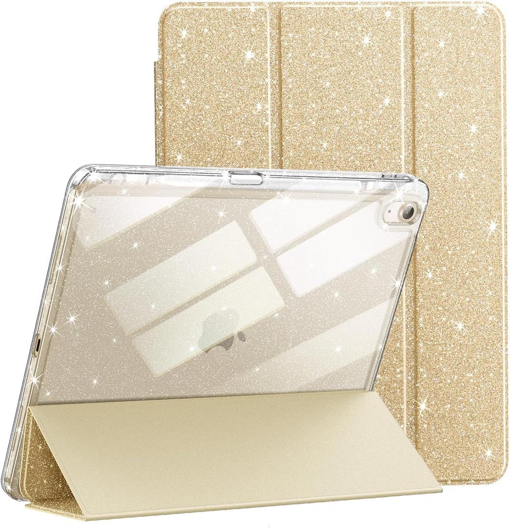 JETech Glitter Case for iPad Air 11-Inch M4/M3/M2 (2026/2025/2024), iPad Air 5/4 (2022/2020 5th/4th) with Pencil Holder, Cute Sparkly Slim Cover for Kids and Girls, Shiny Clear Back Shell (Gold)