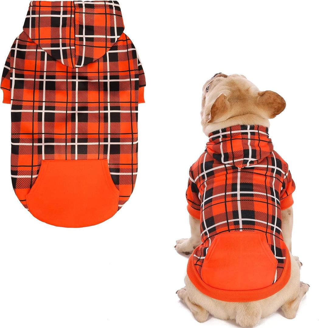 EXPAWLORER Plaid Dog Hoodie - British Style Warm Dog Sweater Shirt with Leash Hole,Pitbull Clothes Outfits,Winter Coat Apparel for All Breeds Puppy Girl Boy-Cat Apparel,Orange Small