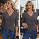 Womens V Neck Wrap Top Business Casual Long Sleeve Asymmetrical Ruched Top (Gray, XXL)