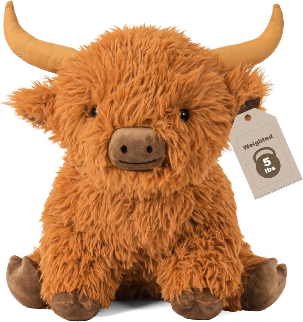 5lbs Highland Cow Weighted Stuffed Animals, 16in Tall Big Highland Cow Plush Toy, Soft Adorable Stuffed Animal for Kids and Adults Highland Cattle Gift Plushie Decor