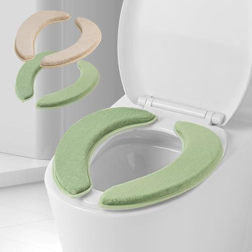 2 Sets Soft Flannel Toilet Seat Cover with Memory Foam, Non Slip Thicker Warmer Washable Bathroom Toilet Seat Cushion, Easy-Install Self-Adhesive Reusable Toilet Lid Seat Cover Pads (Green,Beige)
