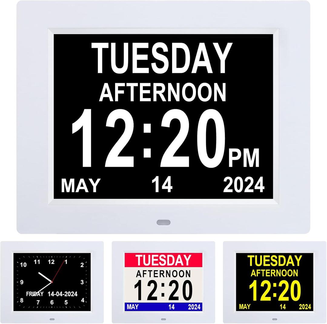 Jaihonda Dementia Clocks for Seniors-Alzheimer's Clock with Date and Day of Week for Elderly, 8 Alarm Options, Large Number Digital Clocks with Auto Dimmable, Large Display (White 8 Inch)