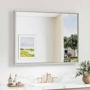 Keonjinn 40 x 30 Inch Brushed Nickel Bathroom Mirrors for Over Sink, Beveled Rectangle Framed Mirrors for Wall, Farmhouse Bathroom Vanity Mirror, Tempered Glass, Square Corner