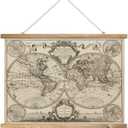 XIAOAIKA Vintage 17th Century World Map Print on Linen with Wooden Hanger, Retro Double Hemisphere Wall Decor for Home and Office, Amsterdam Edition, 39 x 29 Inches