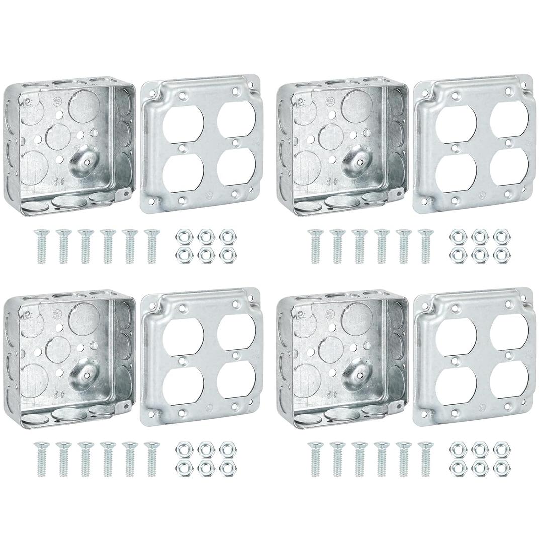Four Set of 4x4 Electrical Box and Electrical Outlet Cover With 46 screws,2-Gang Duplex Receptacle Box,8*1/2''&4*3/4"in Side and 2*1/2''& 2*3/4" in Bottom Knockouts,Square Metal Electrical Box
