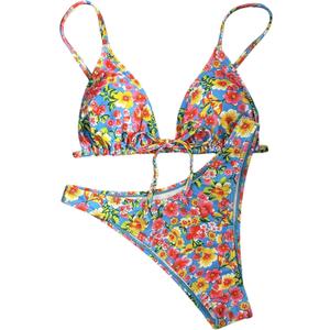 BEAUDRM Women's 2 Piece Gingham Bikini Set Cute Triangle Thong Bikini Halter String Bathing Suit High Cut Cheeky Swimsuit, Size Small