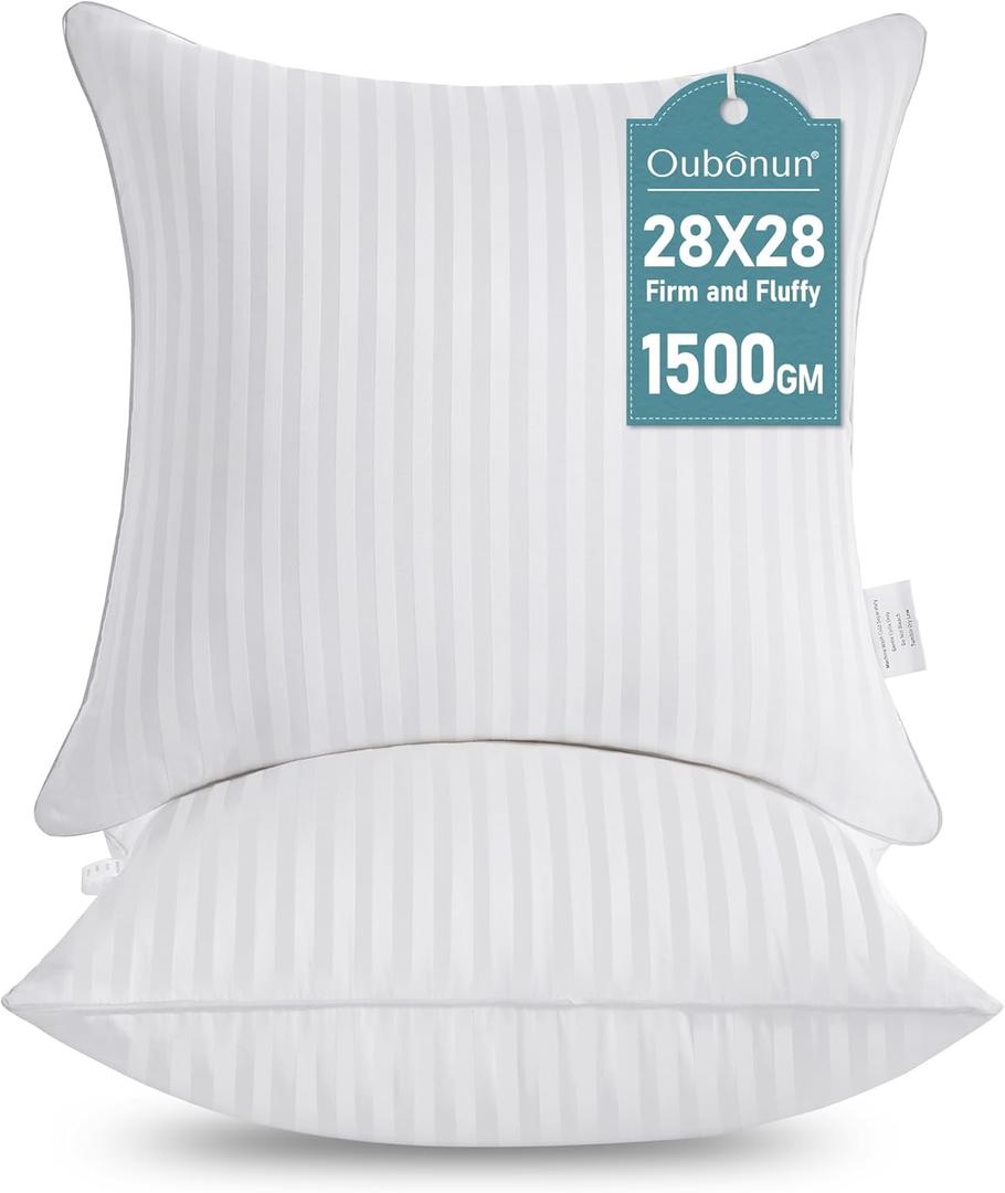 Oubonun 28 x 28 Throw Pillow Inserts, Firm and Fluffy Decorative Square Pillows for Couch Bed Sofa with Soft Cotton Cover White Cushion with Down Alternative Pack of 2
