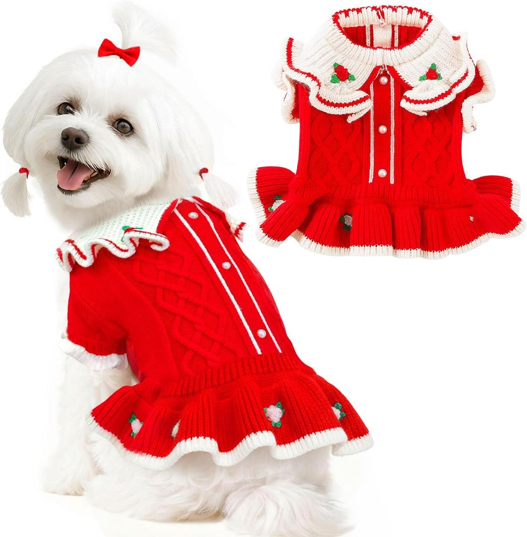 ABRRLO Cute Small Dog Sweaters Dress for Girls Red Dog Christmas Sweater Puppy Xmas Outfits Fall Winter Female Pet Clothes for Cold Weather Doggie Costumes Knitwear Chihuahua Shih tzu Teacup(Red,L)