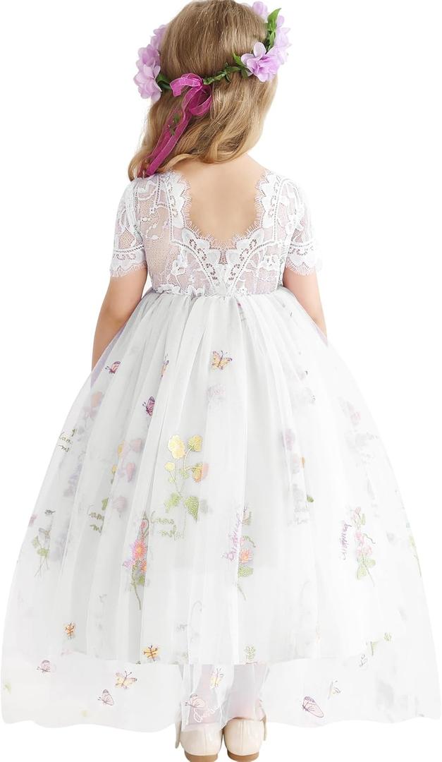 Flower Girl Lace Back V-Neck Dress Full-Length Floral Embroidered Toddler Tutu Tulle Dresses for Girls (3-4T, White)
