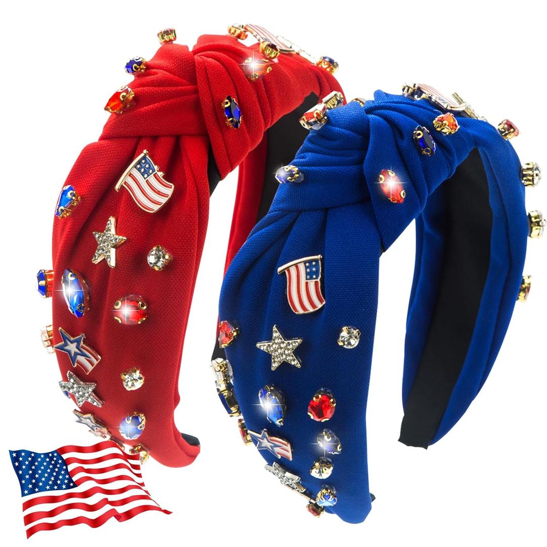 2Pcs 4th of July Headband for Women, Rhinestone Knotted Design with USA Flag Star Hair Hoop, Patriotic Independence Day Memorial Day Wide Hair Accessory with Jeweled Crystal (Red&Blue)