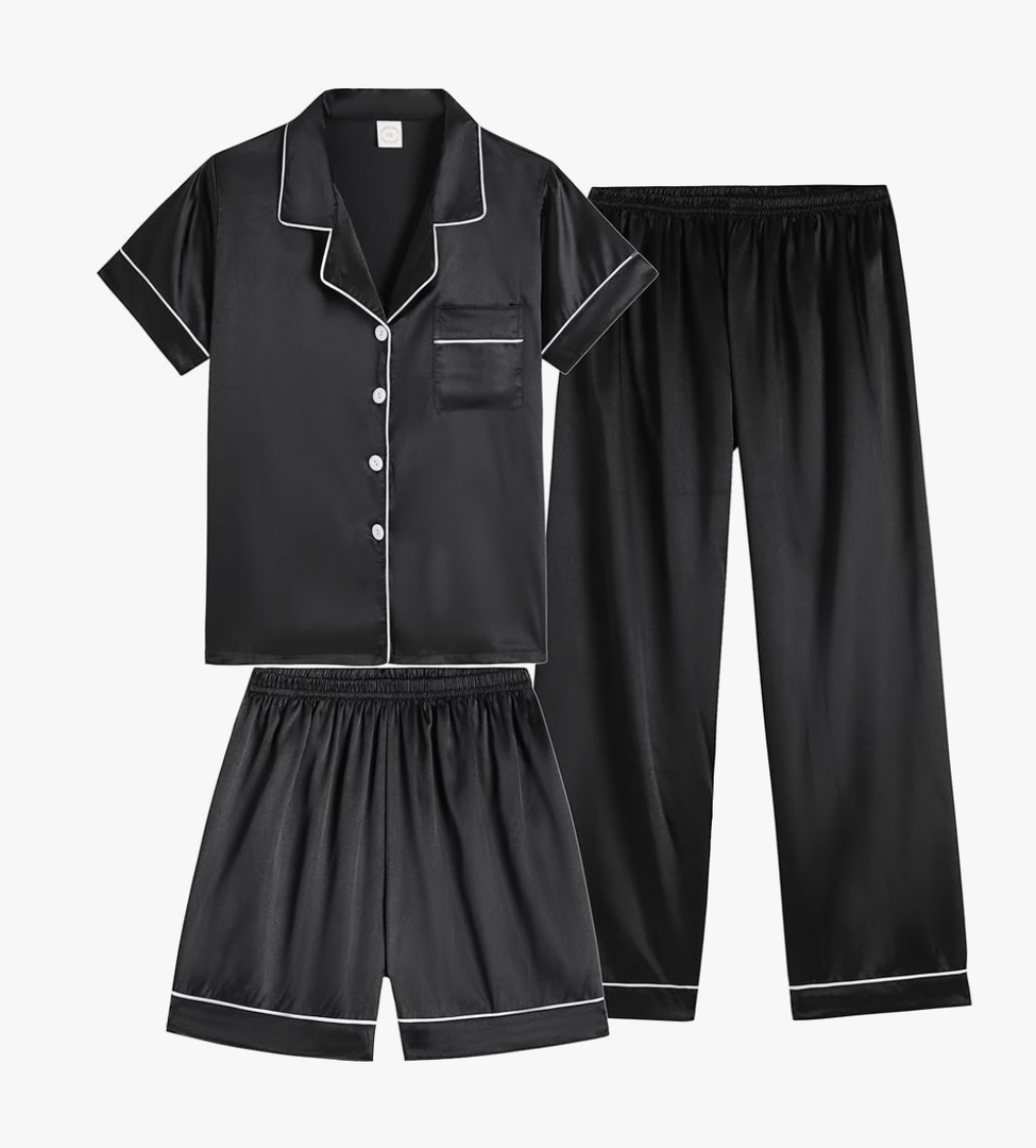 Vopmocld Satin Pajama Sets Unisex Boys and Girls Silk Button Down Short Sleeve & Shorts & Pants Sleepwear 3PCS Loungewear PJS Amazon's Choice, Size M