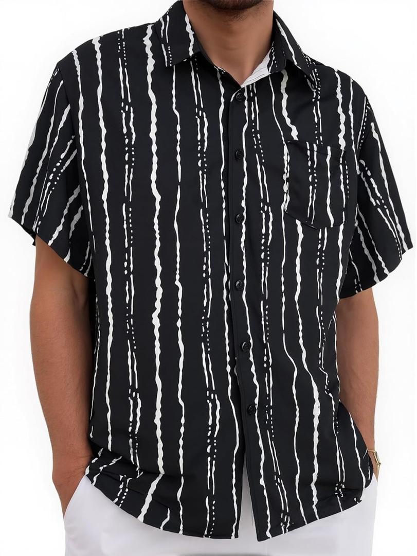 Mens Button Down Short Sleeve Shirt Casual Button Up Dress Shirts for Men Beach Summer Tops with Pocket (Black, XL)