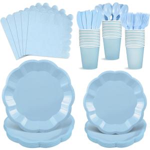NatNarr 175 Pcs Light Blue Plates and Napkins Set, 25 Guest Blue Party Supplies Include Scalloped Plates Napkin Cup Forks Knives Disposable Plastic Cutlery for Wedding Boy Baby Shower Birthday