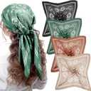 Syhood 4 Pcs 27'' Square Satin Head Scarves Satin Bandanas for Women Halloween Headband Silk Feeling Scarves Boho Headwear (Green, Black, Brown, Camel)