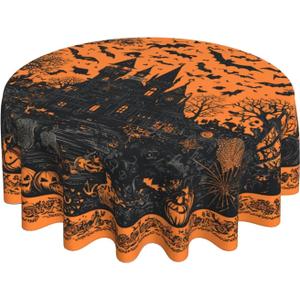 Halloween Haunted House Round Tablecloth 60 Inch, Bats Decorations Round Table Cloth for Halloween Holiday Picnic Party Kitchen/Home Dining Decor