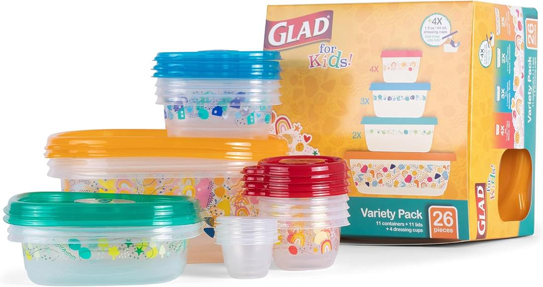 Glad for Kids GladWare Variety Pack - Back-to-School Food Storage Containers with Lids - Mixed Sizes with Rainbow and Cute Patterns - Tight-Sealing Kids Lunch Set - 26 Pieces (Assorted - 11 Count)