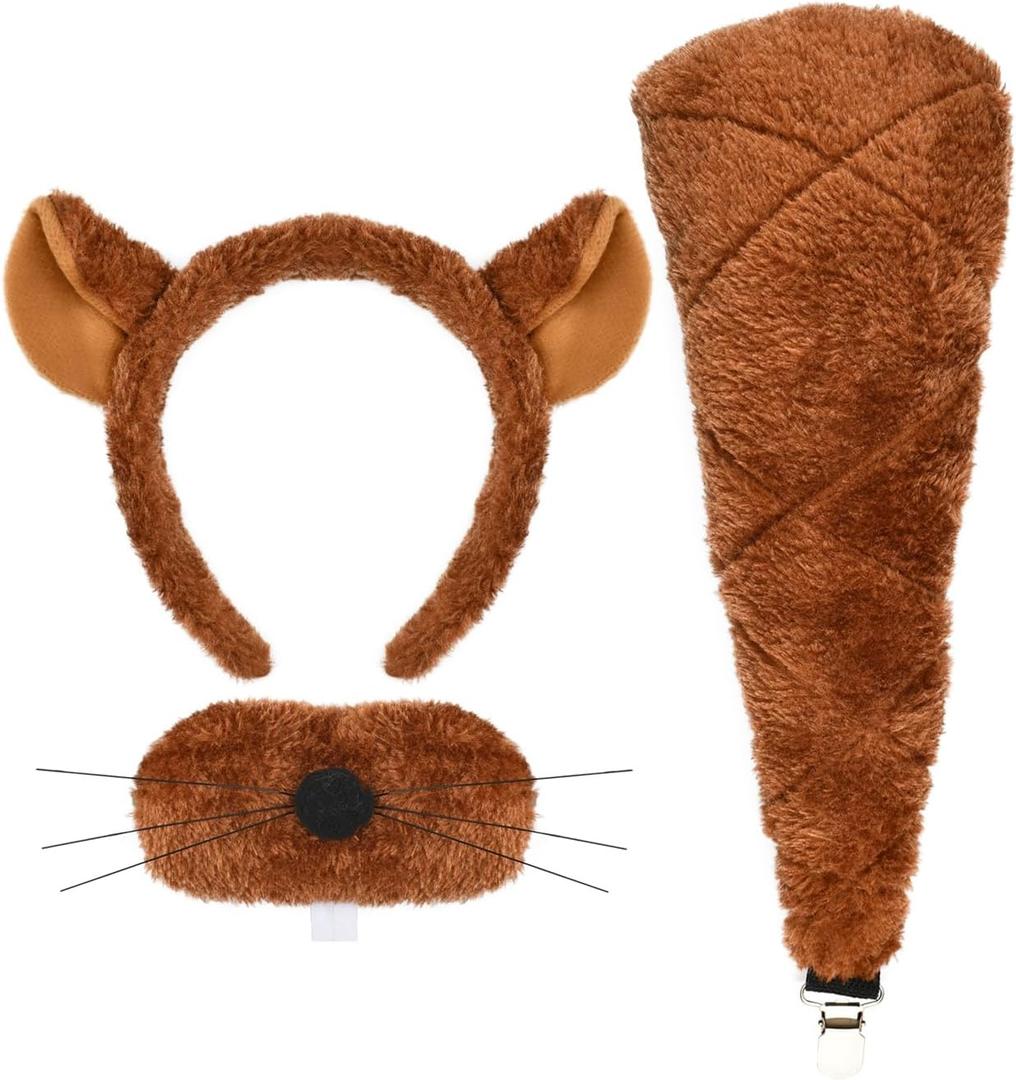 Plush Brown Beaver Costume Accessories Set with Furry Ears Headband, Nose with Whiskers, Tail Clip, 3 Piece Animal Dress Up Kit