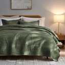 palassio Striped Olive Green 100% Cotton Quilt King Size Bedding Sets, Lightweight Crinkly Channel Pick Stitch Textured Bedspread Soft Shabby Chic Farmhouse Country Coverlet for All Season, 2 Shams