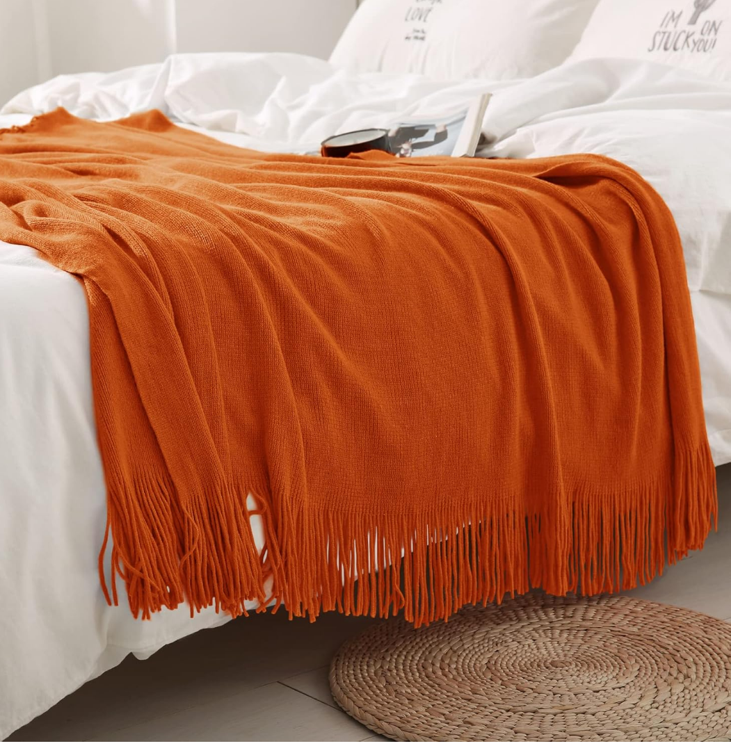 Homiest Decorative Knitted Throw Blanket with Fringe, Lightweight & Soft Acrylic Knit Blanket Tassel for Couch, Sofa, Bed (Burnt Orange, 50 x 60 Inch)